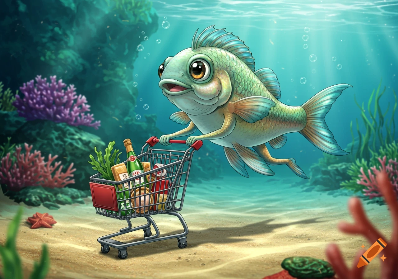 A cartoon fish pushes a loaded grocery shopping cart across the sandy ocean floor.