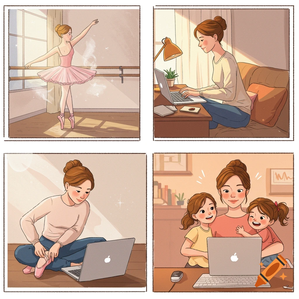 A four-panel cartoon comic strip showing a woman's journey: dancing ballet, working on a laptop, tying ballet shoes, and smiling with two children while on a laptop.