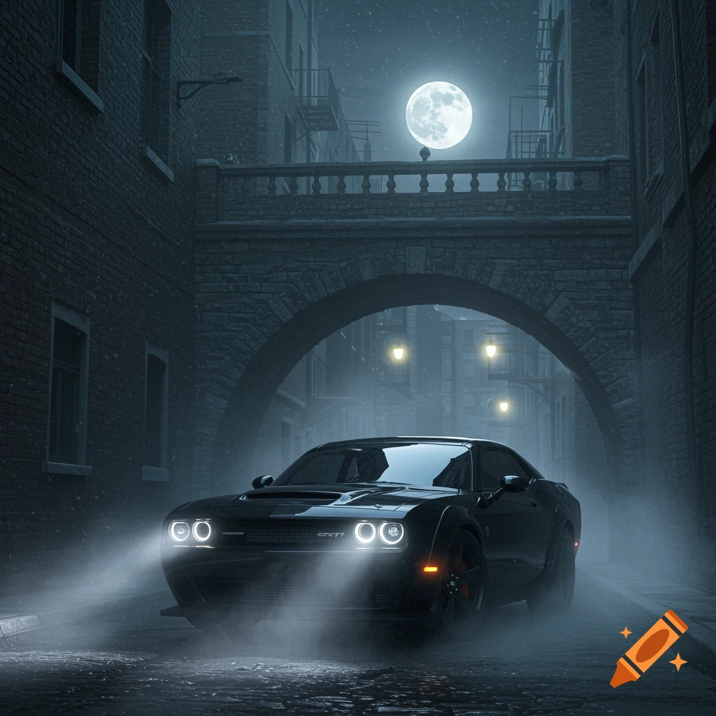 A black Dodge Challenger Hellcat with glowing headlights sits on a wet, foggy street in a dark, atmospheric urban alley under a bright full moon.