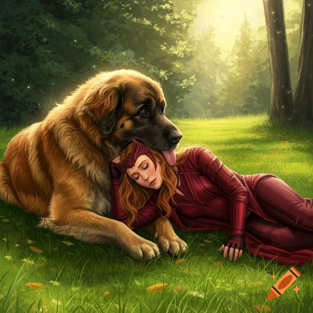 An illustrative image of a Leonberger dog licking Scarlet Witch, who is lying on green grass in a sunny forest.
