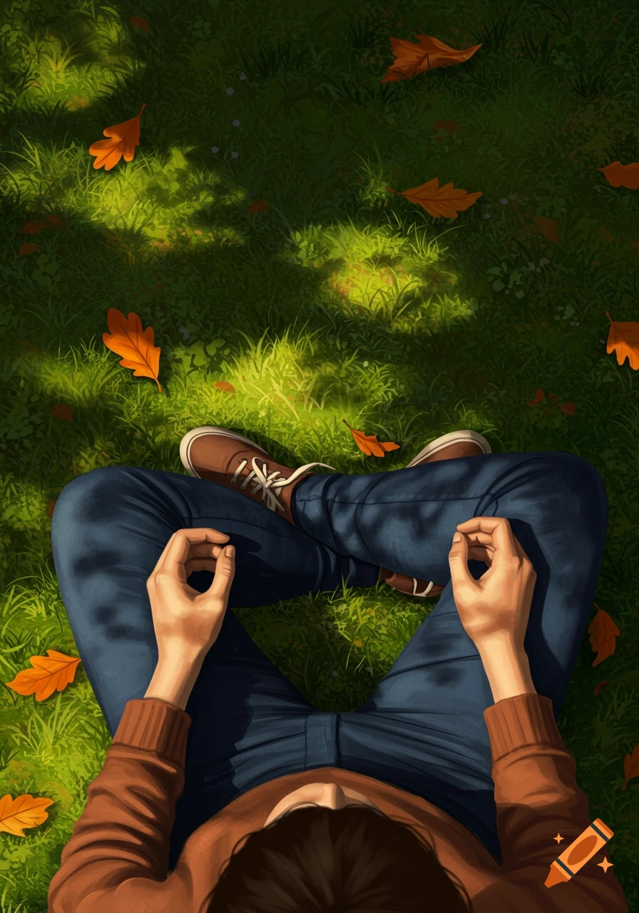 A person viewed from above sitting on green grass with brown leaves scattered around.