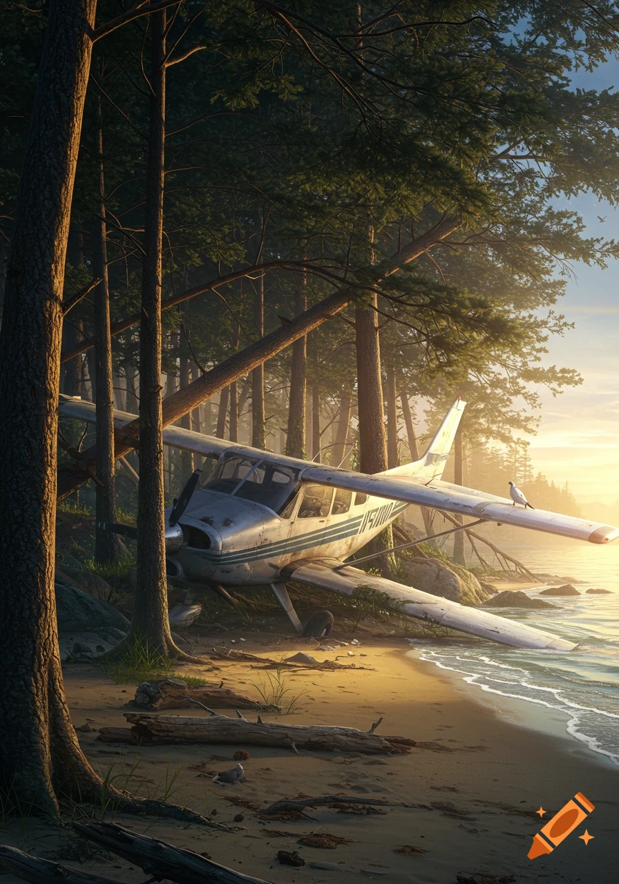 A photorealistic image of a crashed Cessna 185 airplane partially submerged in water on a sandy beach next to a dense forest at sunset.