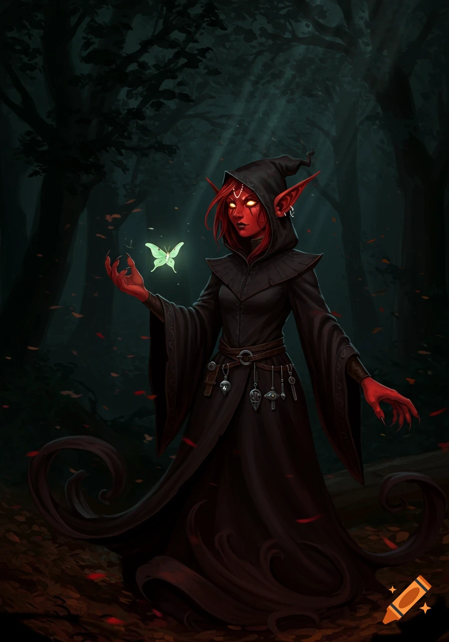 A red-skinned character in a dark hooded robe with glowing eyes holds out a hand towards a glowing luna moth in a dark forest at night.