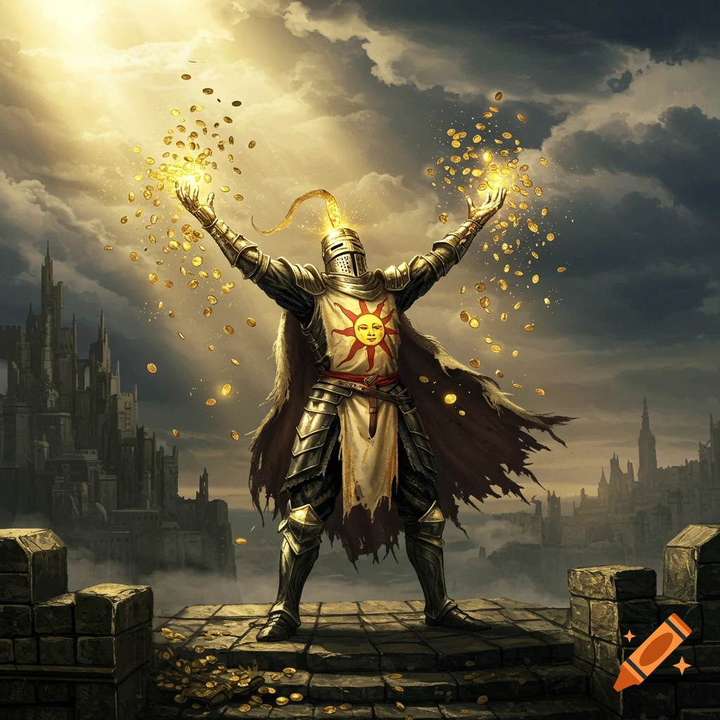 Solaire of Astora, a knight in armor with a sun symbol, raises his hands as golden coins rain down around him, with a castle in the background.