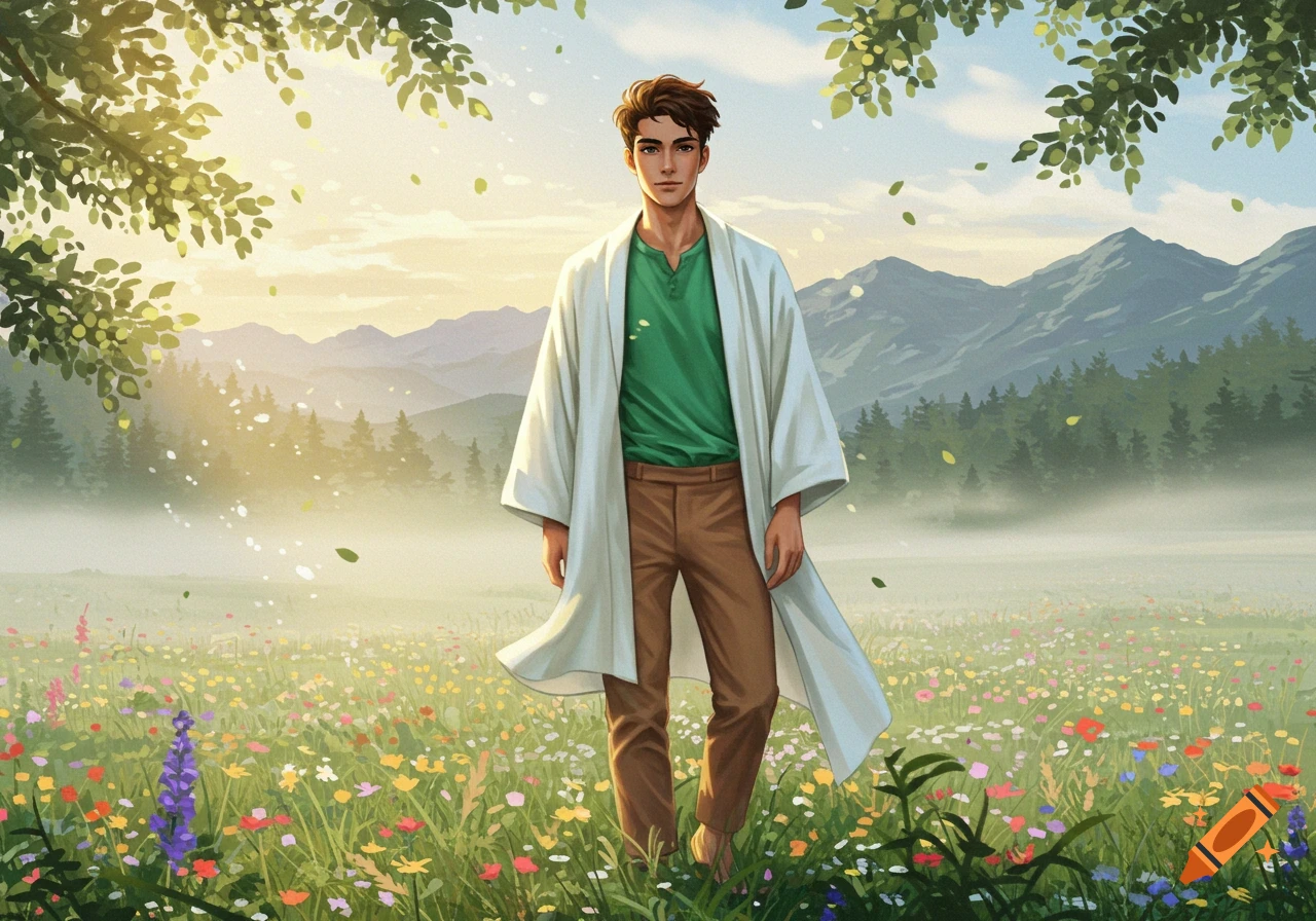 Illustrated young man in a white robe, green shirt, and tan pants, standing in a vibrant wildflower meadow with mountains in the background.