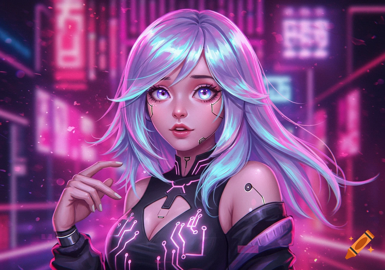 A stylized cyberpunk portrait of a young woman with glowing purple and blue hair, bright eyes, and circuit patterns on her skin and clothing, against a neon-lit city background.