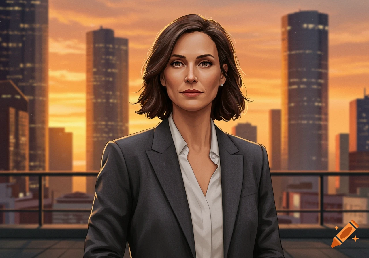 A woman with short brown hair in a dark suit and white shirt stands on a rooftop with a city skyline at sunset.