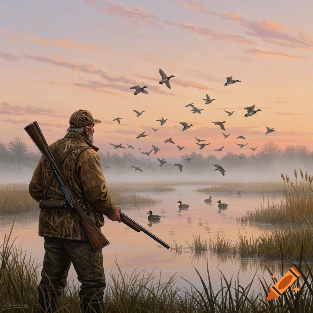 A realistic painting of a duck hunter standing in a misty marsh at sunrise, watching ducks fly and swim.