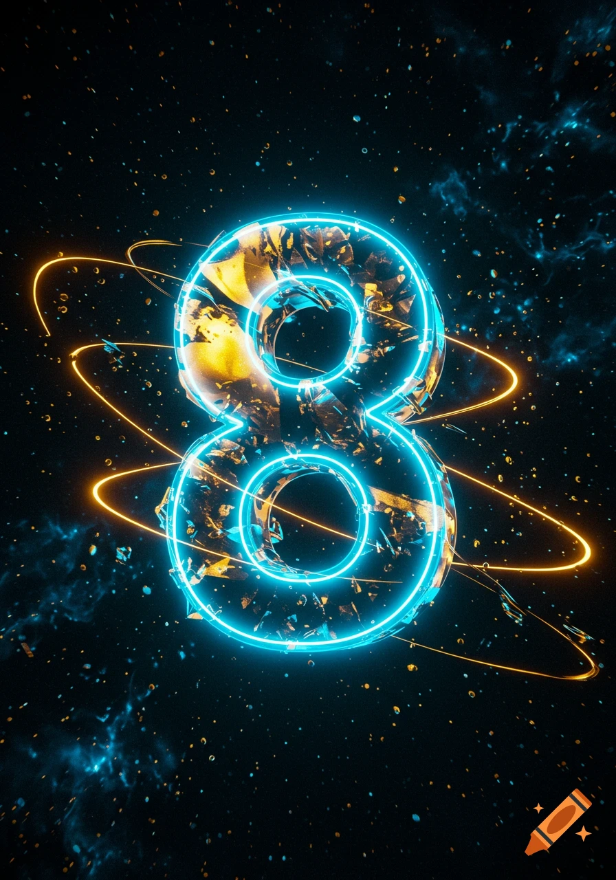 A neon blue number 8 with a shattered gold texture, surrounded by orange light trails and sparkling dust in a dark cosmic background.