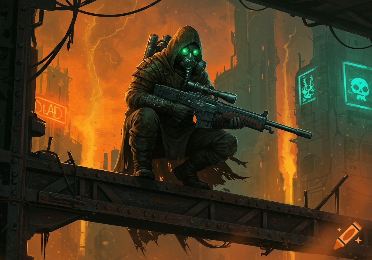 A cloaked figure in a gas mask crouches with a sniper rifle on a metal structure overlooking an orange-lit dystopian city, digital art.