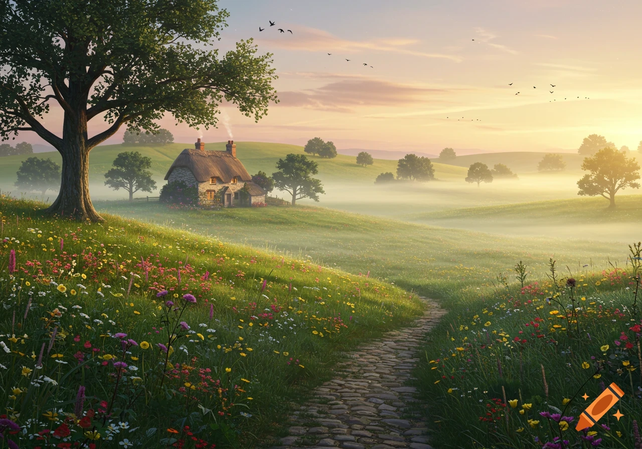 A picturesque cottage with a thatched roof in a misty, wildflower-filled green landscape with a winding stone path and large tree.