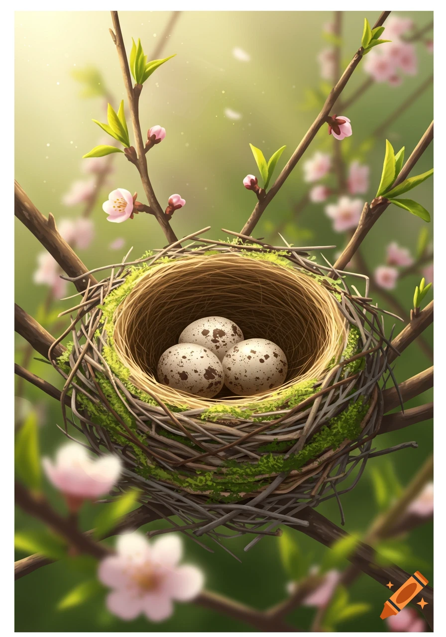 A bird's nest with three speckled eggs rests in a tree branch among pink cherry blossoms, depicted in a digital art style.
