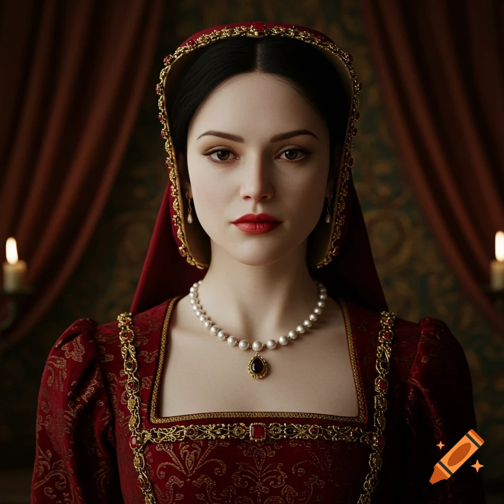 Photorealistic portrait of a woman in a red Tudor gown with an ornate headpiece and pearl necklace, set against a dark red draped background.
