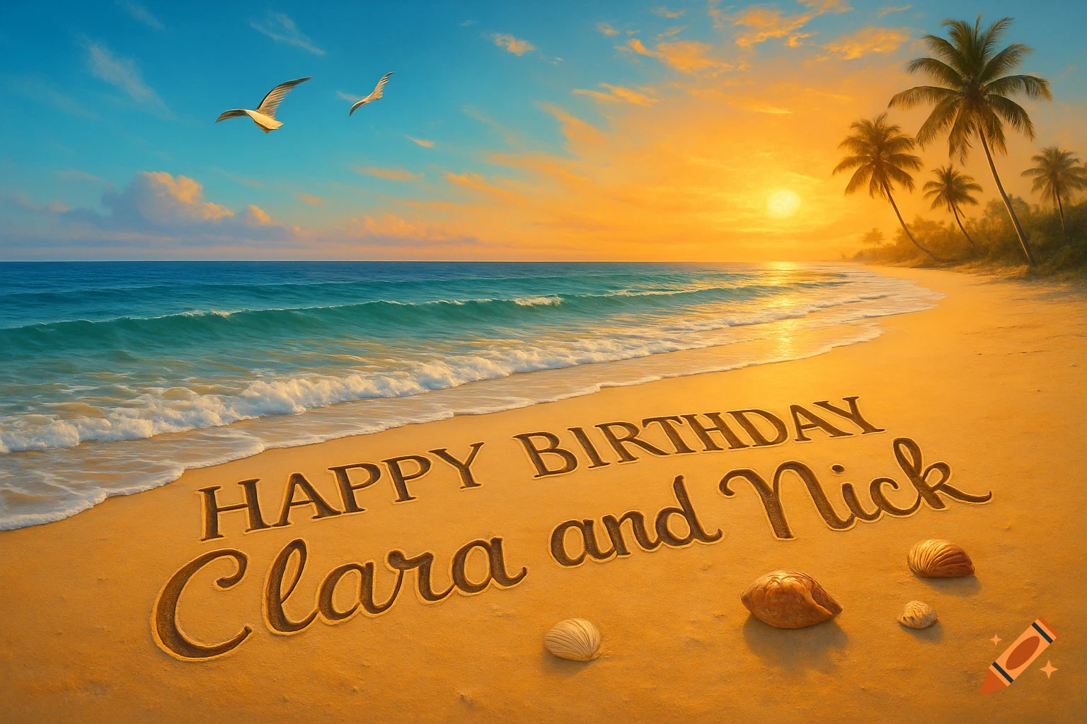 A beautiful photorealistic image of a tropical beach at sunset with the words 'Happy Birthday Clara and Nick' written in the sand.