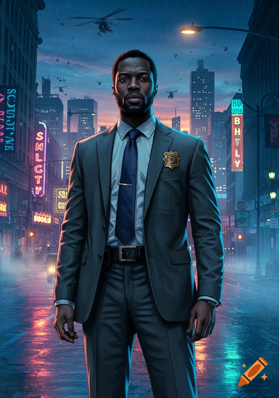 A serious Black man in a grey suit with a police badge stands on a rainy city street at night with neon signs and helicopters.