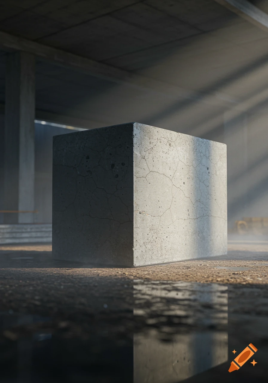 A large concrete block with cracks sits on a dusty ground under a concrete overpass, illuminated by dramatic sunbeams.