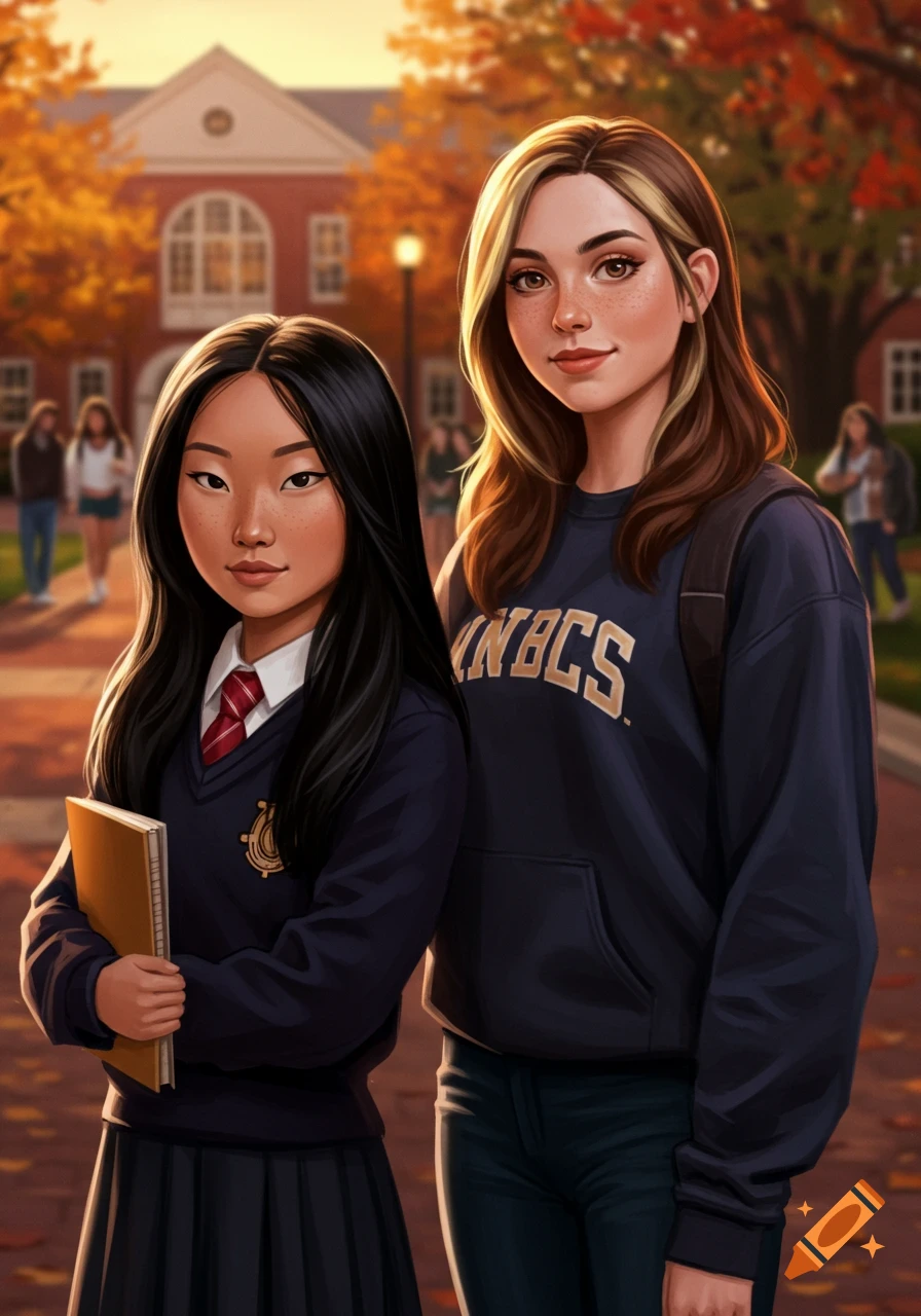 Two young women, likely students, stand in front of a college building with autumn trees in a digital illustration style.