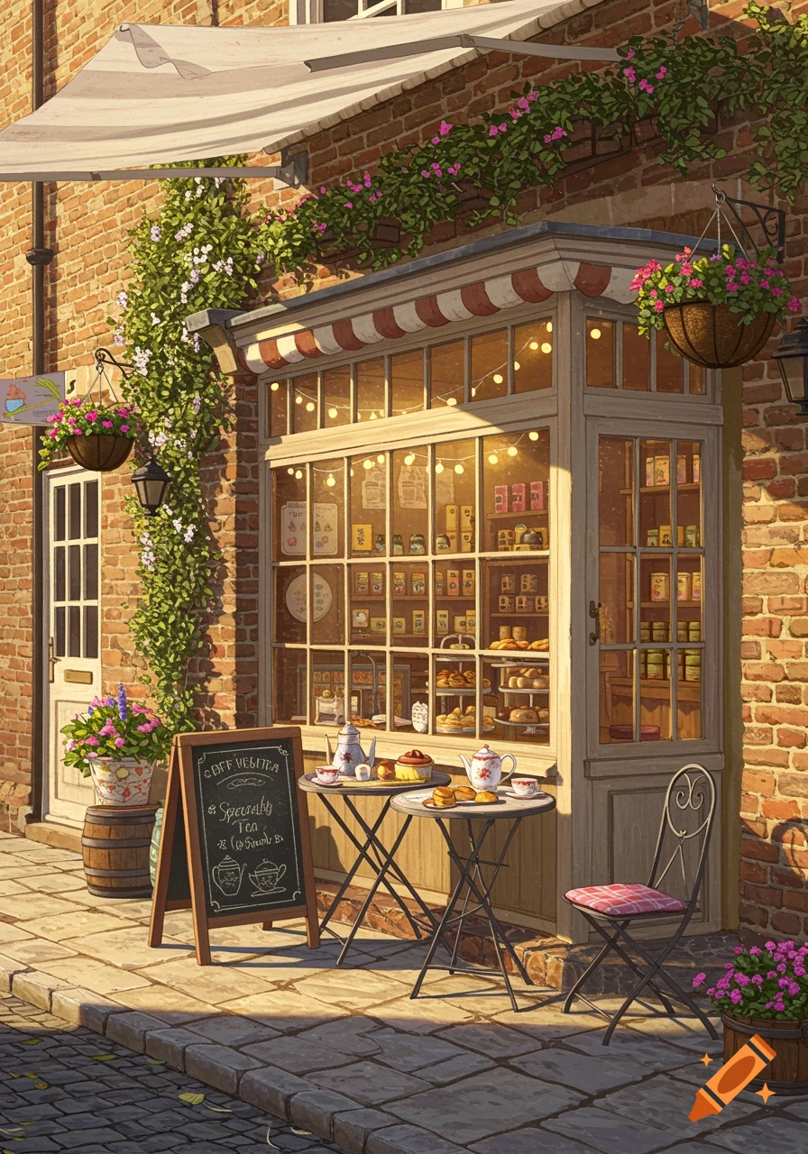 A charming tea cafe storefront with a brick facade, white awning, potted plants, and outdoor tables with teapots and pastries, in an illustrative style.