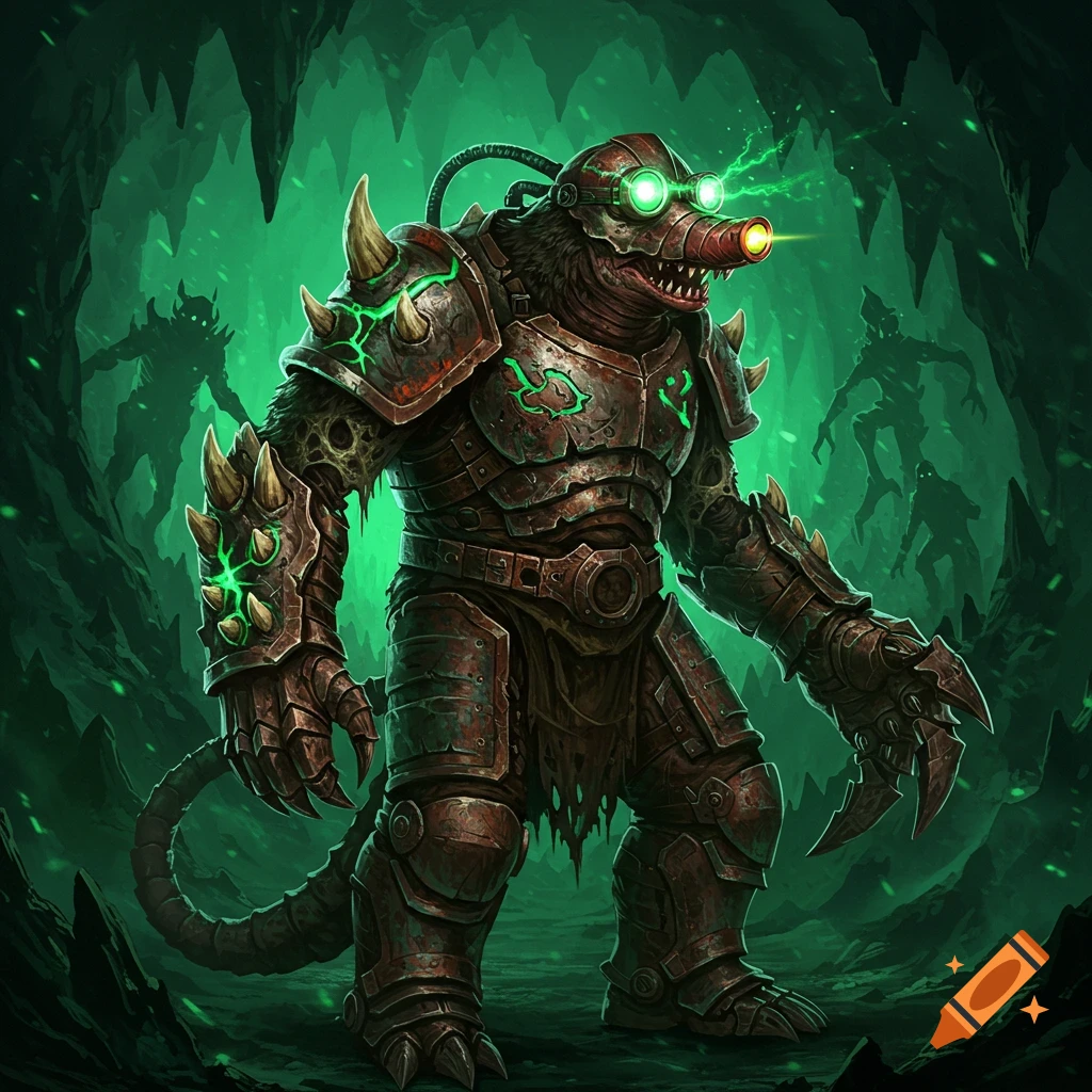 A humanoid mole-like monster in rusted armor with glowing green goggles stands in a neon-green cavern with monster silhouettes.