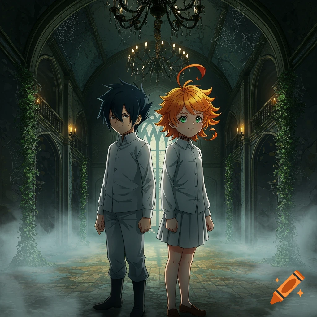 An anime boy and girl stand back-to-back in a dark, overgrown gothic mansion hall, with a chandelier overhead.