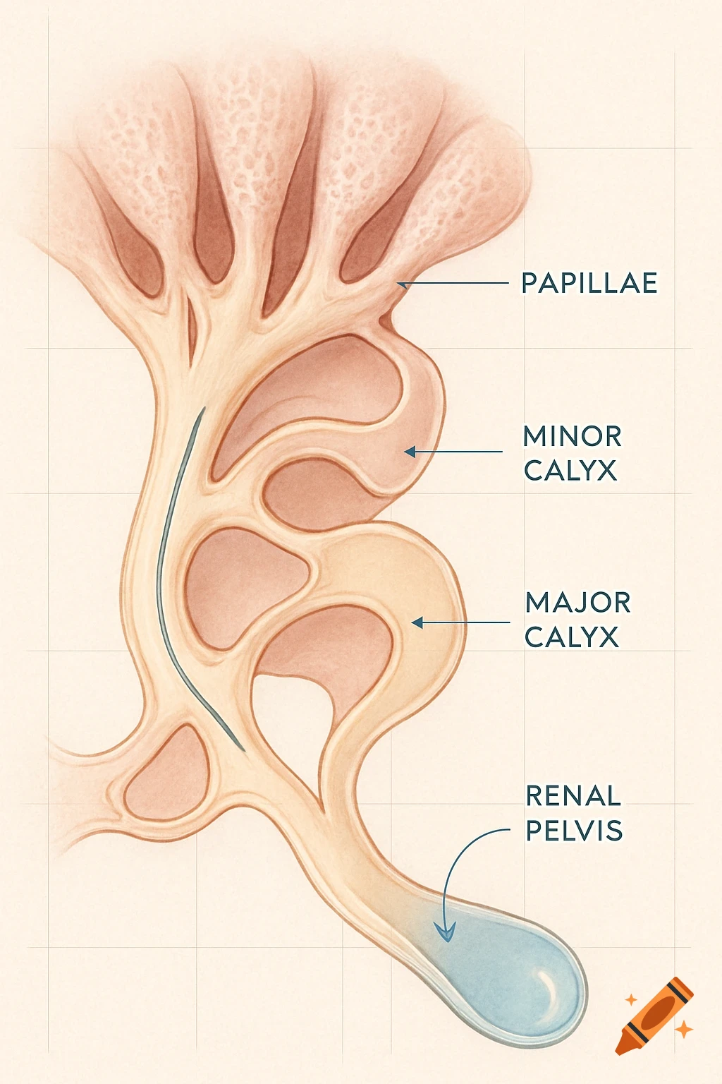 Labeled anatomical diagram of the kidney's collecting system showing papillae, calyxes, and renal pelvis in an illustrative style.