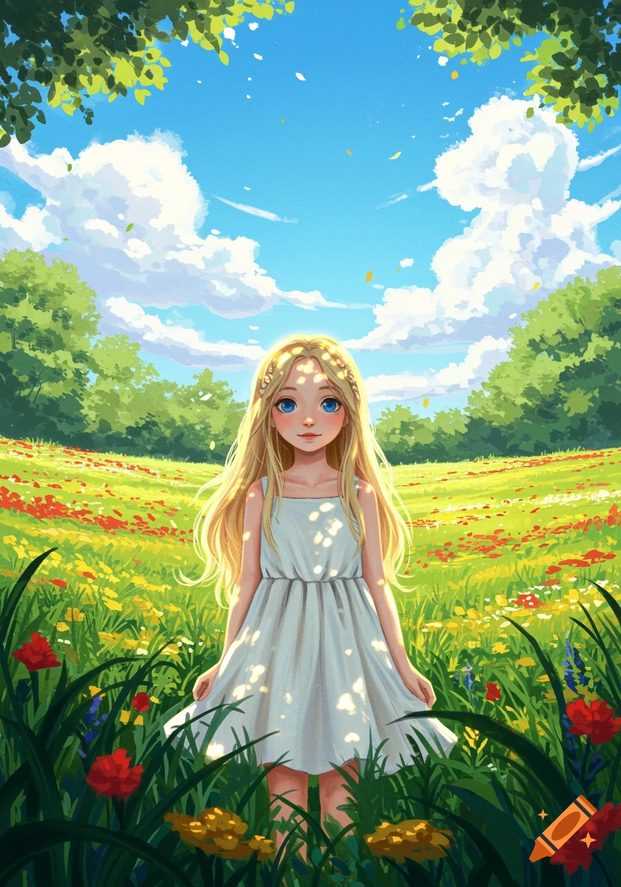 Anime-style illustration of a blonde girl with blue eyes in a white dress standing in a vibrant green field with colorful flowers under a bright blue sky.