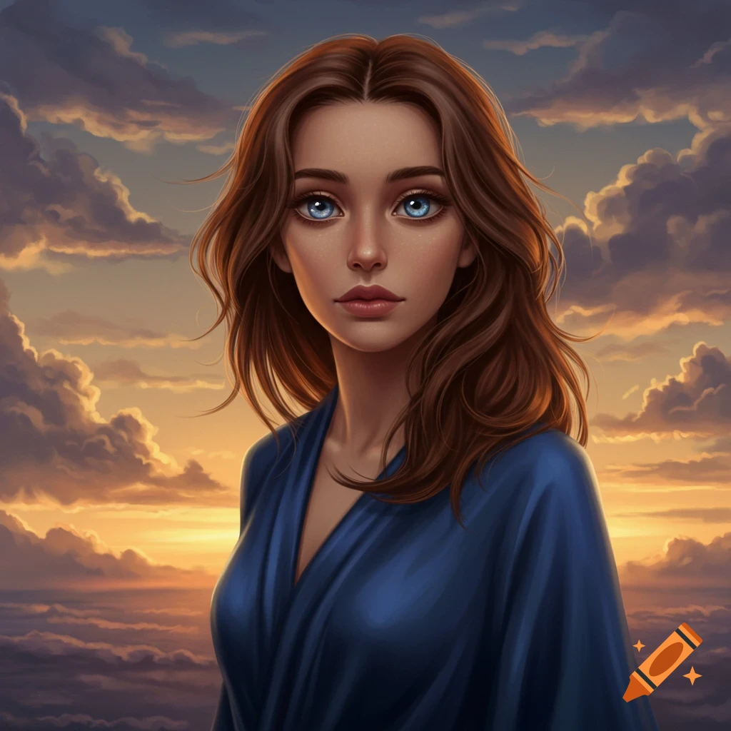 A stylized portrait of a woman with brown hair and large blue eyes, wearing a blue garment, set against a cloudy sunset sky.