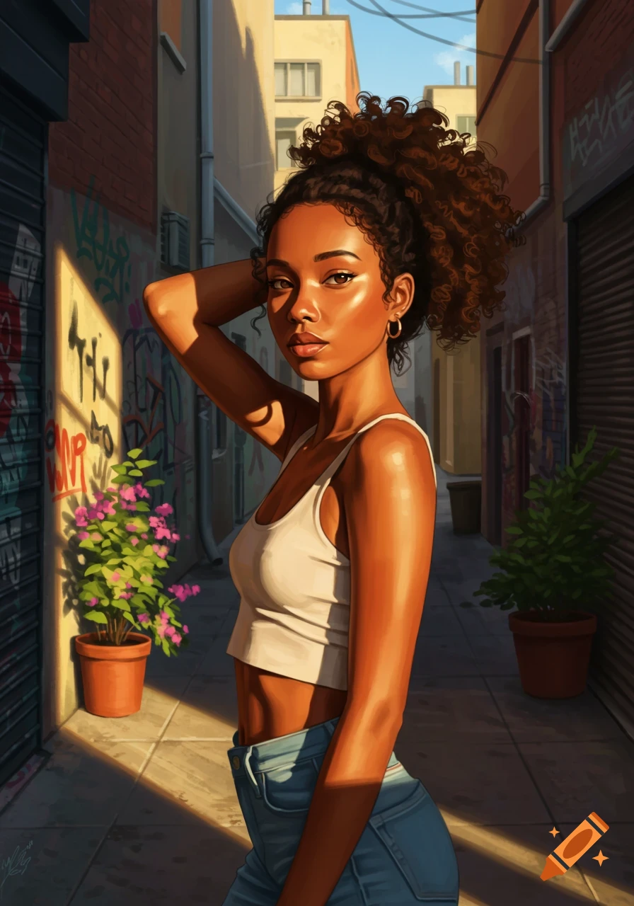 A digital art portrait of a woman with curly hair wearing a white crop top and jeans, standing in a sunlit alleyway with graffiti.