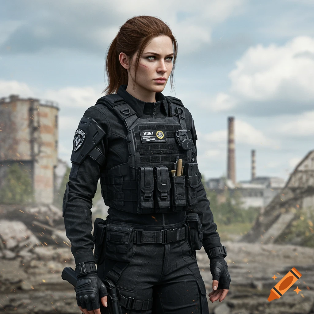 A photorealistic image of a woman in black tactical gear with auburn hair in a ponytail and green eyes, standing in a destroyed industrial area.