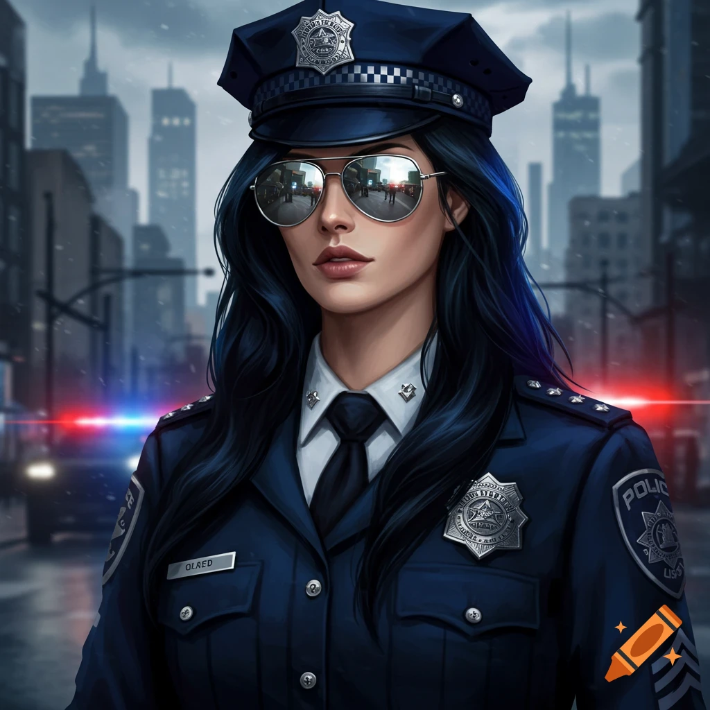 A dark-haired woman in a police uniform and aviator sunglasses stands in a city street with flashing lights in the background.