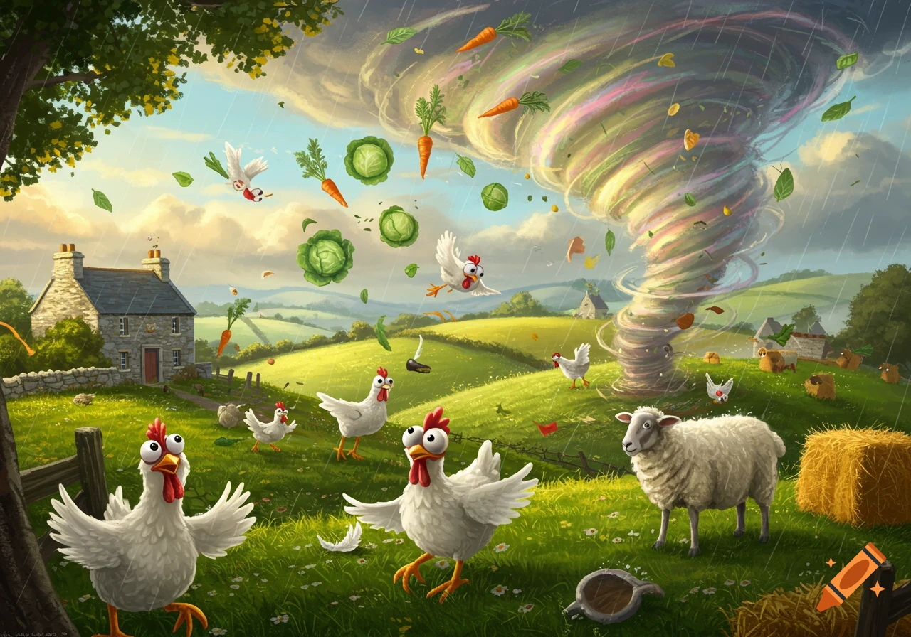 Cartoon farm scene with chickens and a sheep in a field during a tornado, with vegetables and rain flying.