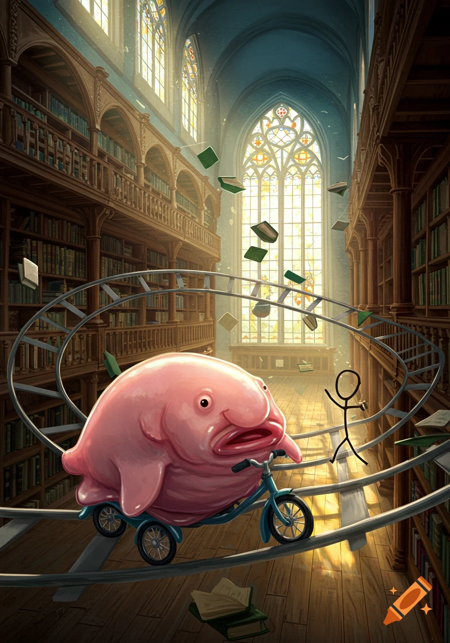 A pink blobfish rides a small blue bicycle on a roller coaster track inside a grand library, while a stickman stands nearby and books float in the air.