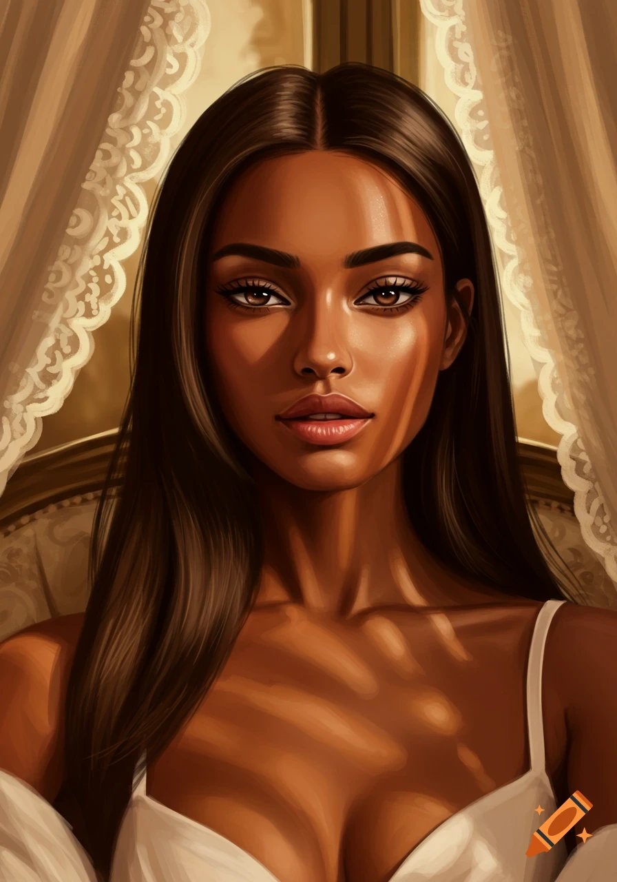 A detailed digital painting of a woman with dark skin and long dark hair, with light rays on her face and chest.