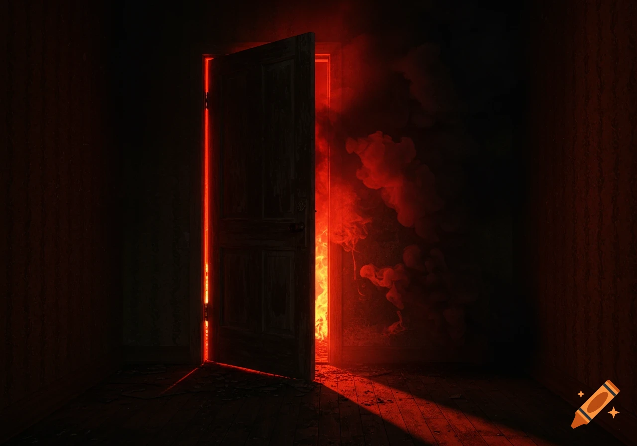 A dark, dilapidated room with an open wooden door revealing a bright red glow and ominous smoke from a fire behind it.