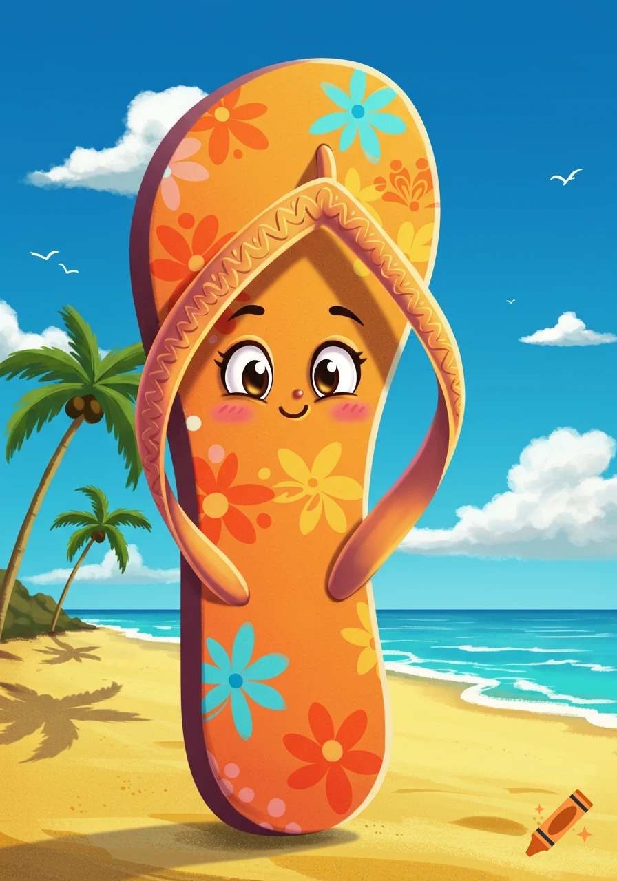 A cartoon orange flip-flop with a smiling face and floral patterns stands on a sunny beach with palm trees and ocean.