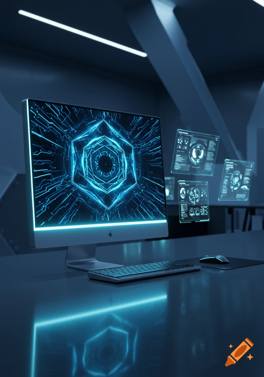 A desktop computer with a glowing blue digital circuit pattern on its screen. Several holographic blue data screens float to the right.