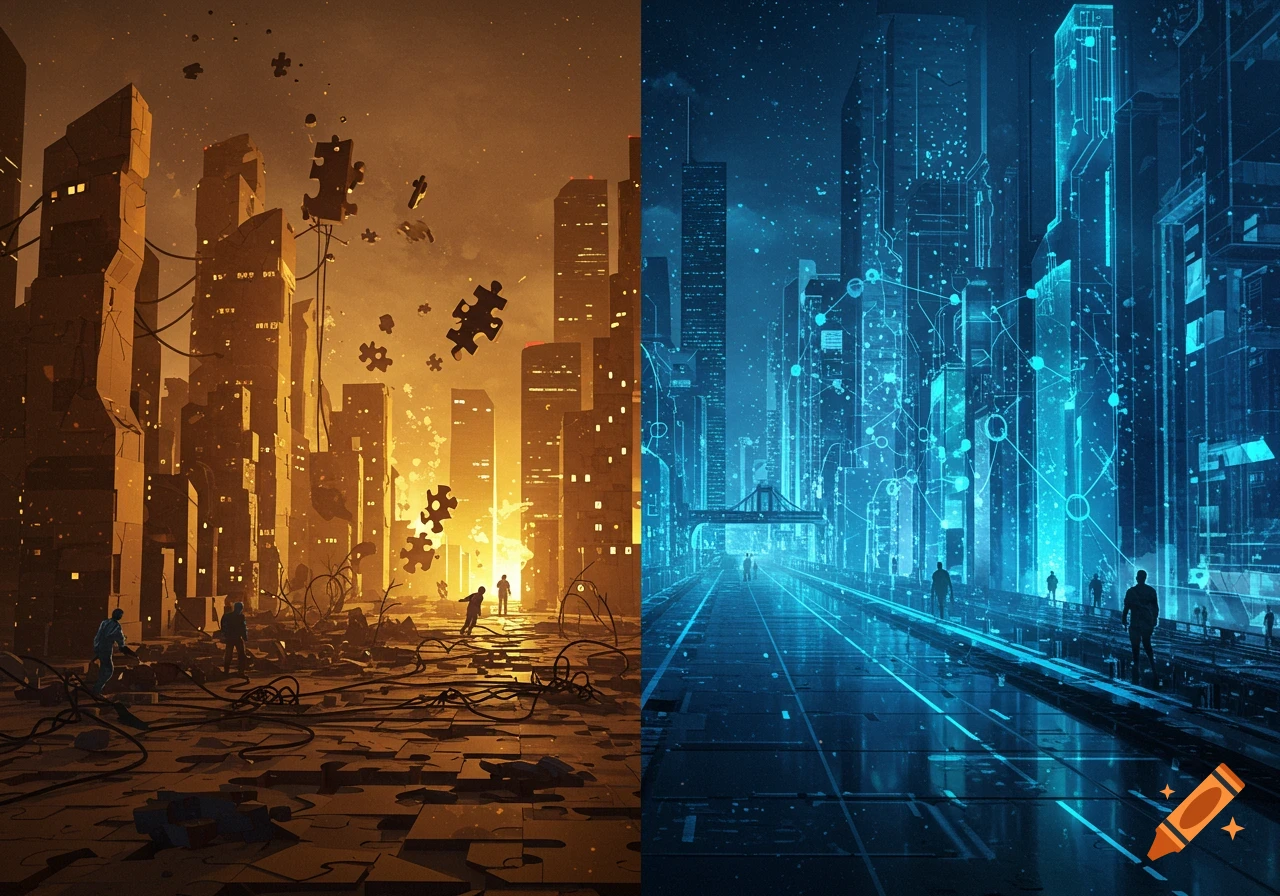 A split image showing a decaying, fragmented city with puzzle pieces on the left and a futuristic, glowing blue city with digital networks on the right.