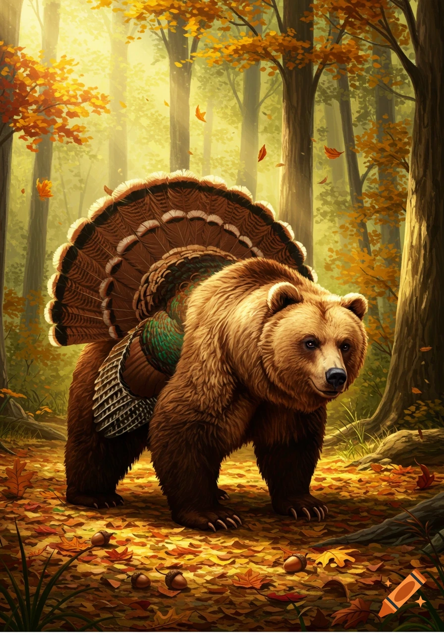 A brown bear with a large turkey tail fan stands in an autumn forest, a digital painting.