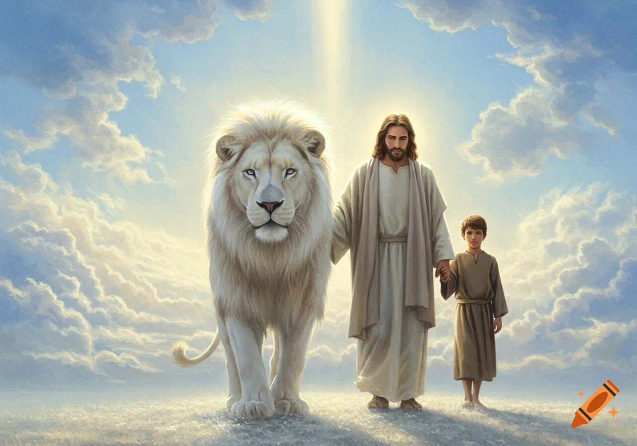 Digital painting of Jesus, a white lion, and a boy holding hands, standing on ethereal ground under a bright, cloudy sky.