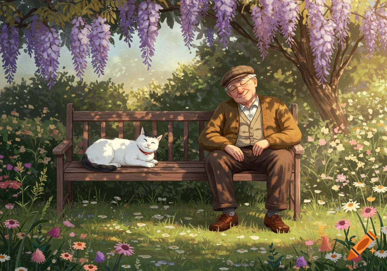 An elderly man and a white cat relaxing on a wooden bench under purple wisteria in a sunny garden.