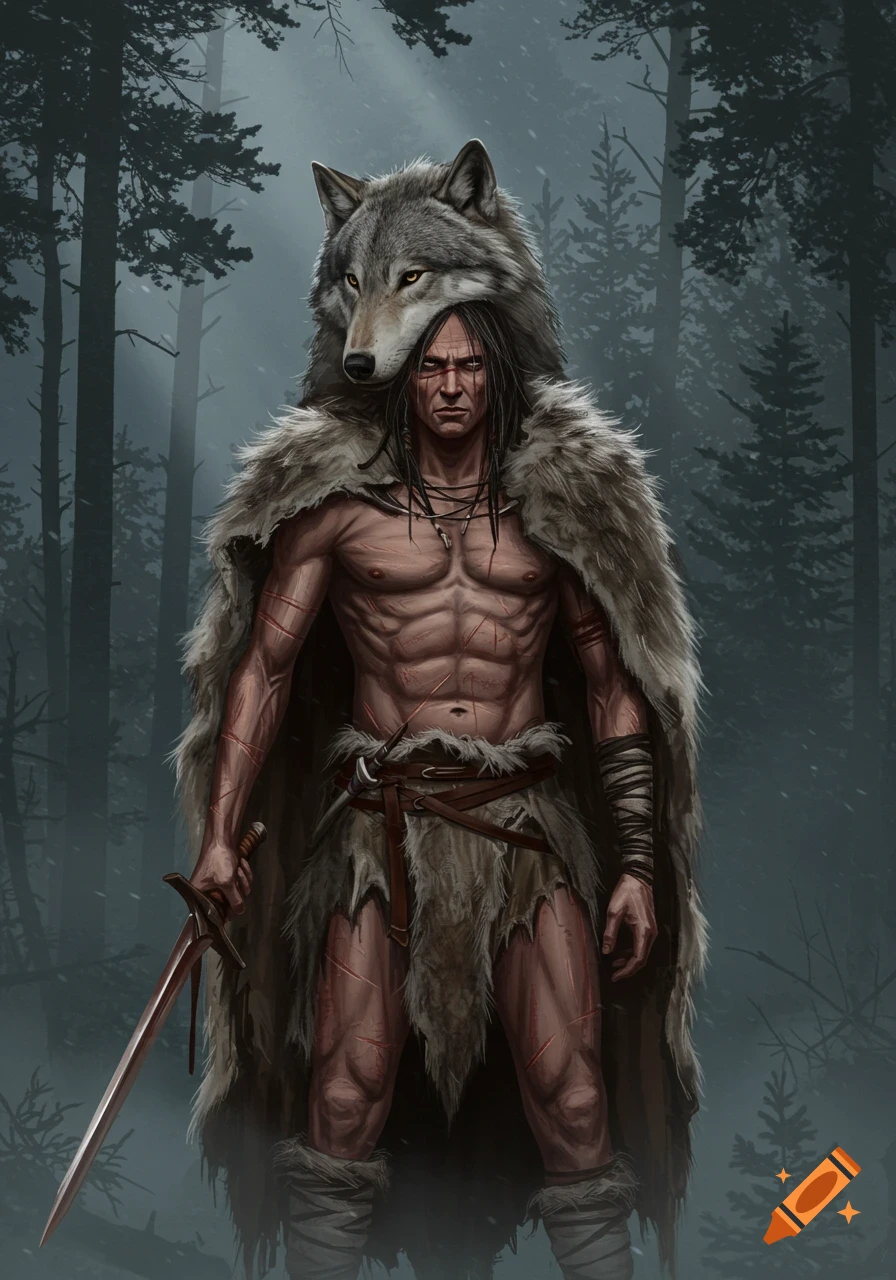 A male warrior with a scarred, muscular torso, wearing a wolfskin cloak with the wolf head on his head, standing in a misty forest, holding a sword.