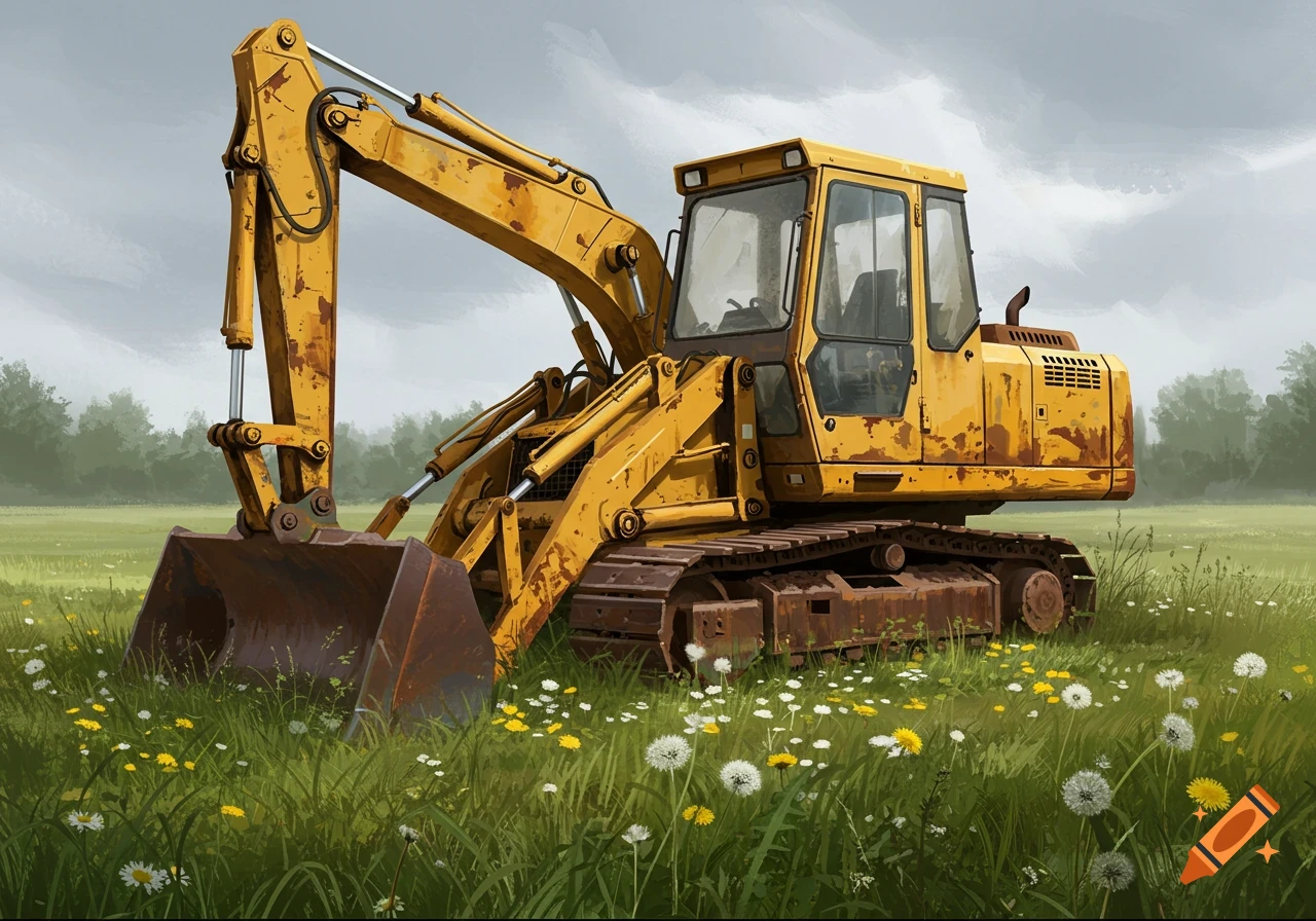 An old, rusty yellow excavator with a front bucket sits in a green field of wildflowers under a cloudy sky, digital painting style.