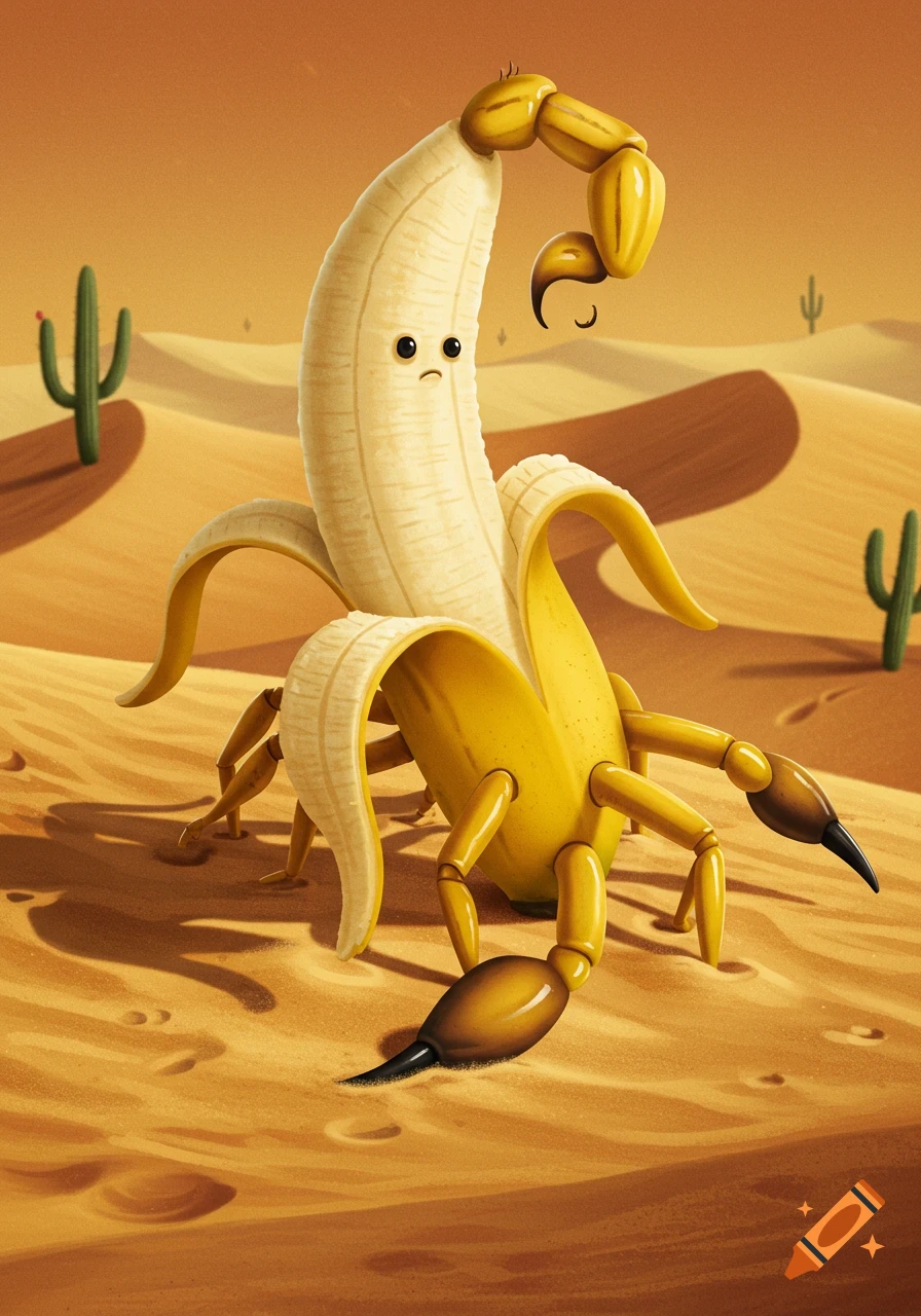 Cartoonish banana with scorpion legs and pincers, sad face, stands in a sandy desert with cacti.