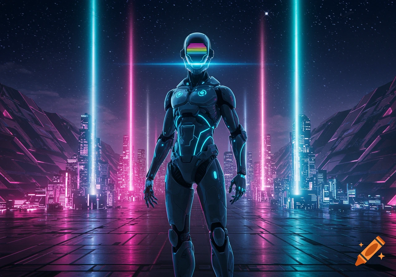 A bipedal robot with glowing blue lines stands in a neon-lit cyberpunk city at night under a star-filled sky.