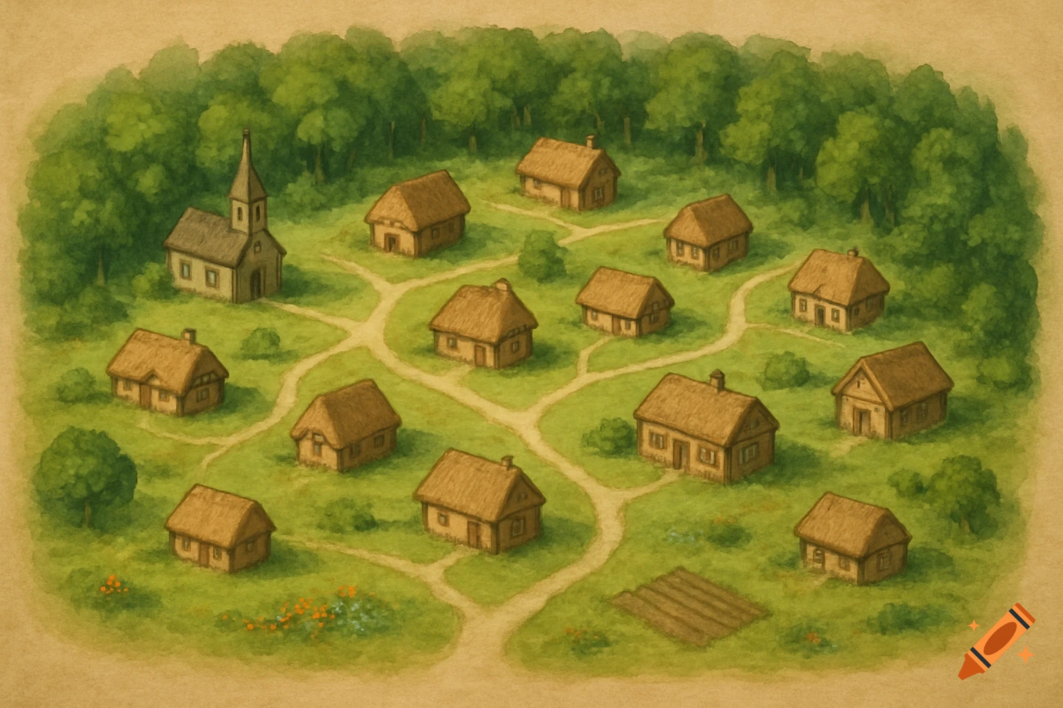 Overhead watercolor illustration of a small village with brown-roofed houses, a church, and dirt paths, surrounded by a green forest.