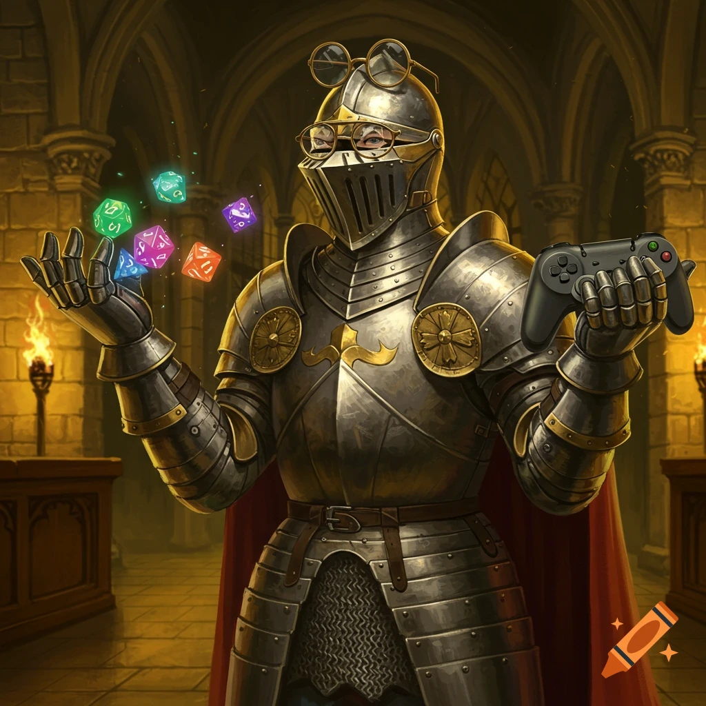 A knight in armor with nerdy glasses holds glowing colorful dice and a black video game controller in a castle hall.