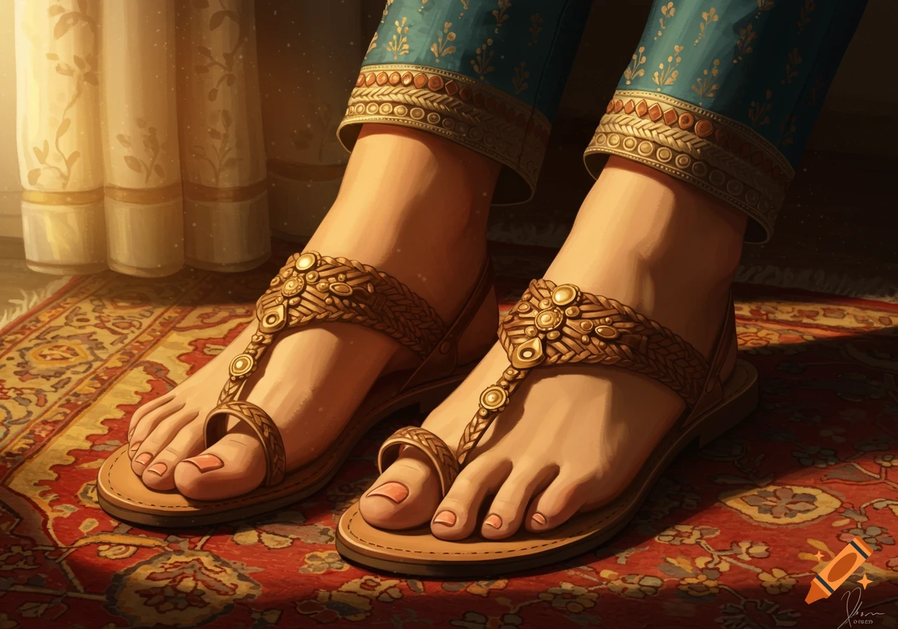 Two feet in ornate gold and brown toe-ring sandals on a red patterned rug, with patterned teal pants.