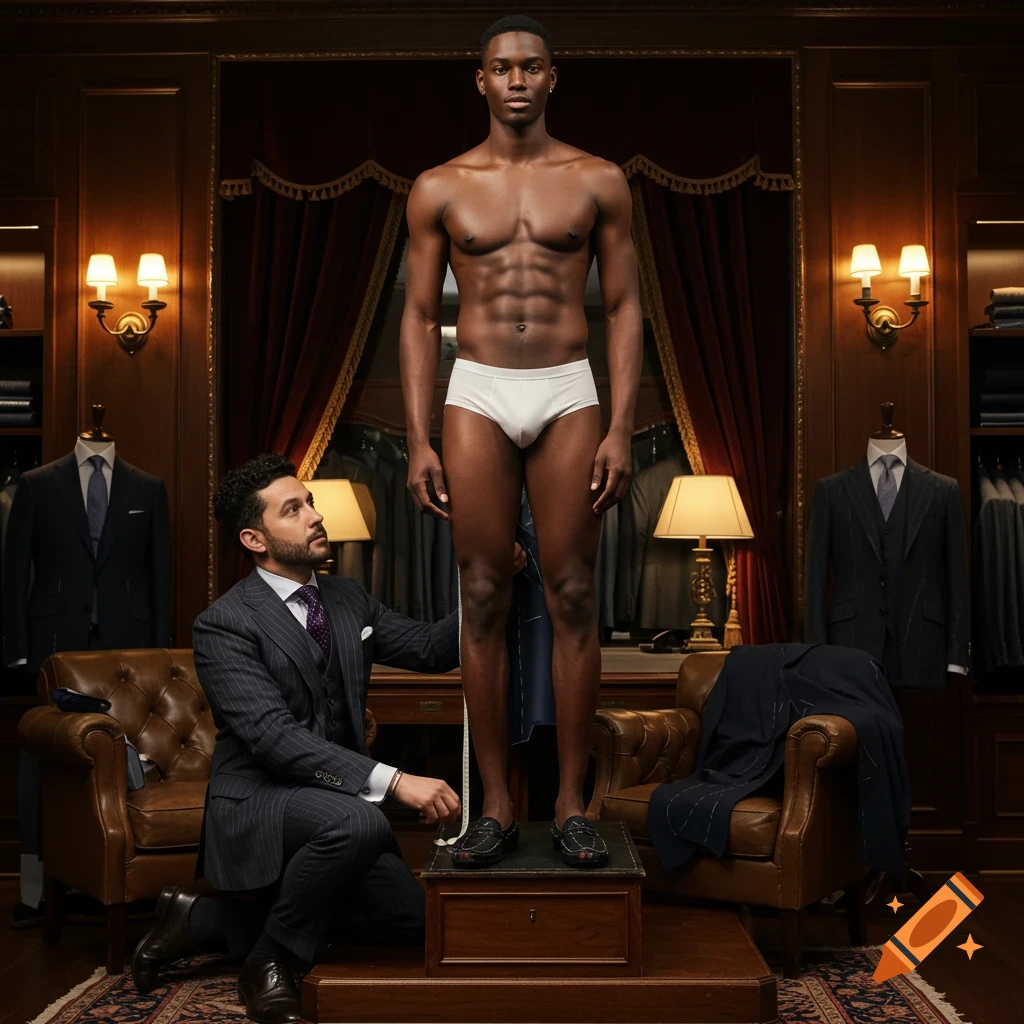 A photorealistic image of a tailor kneeling to measure a man in white briefs on a podium in a luxurious tailor shop.