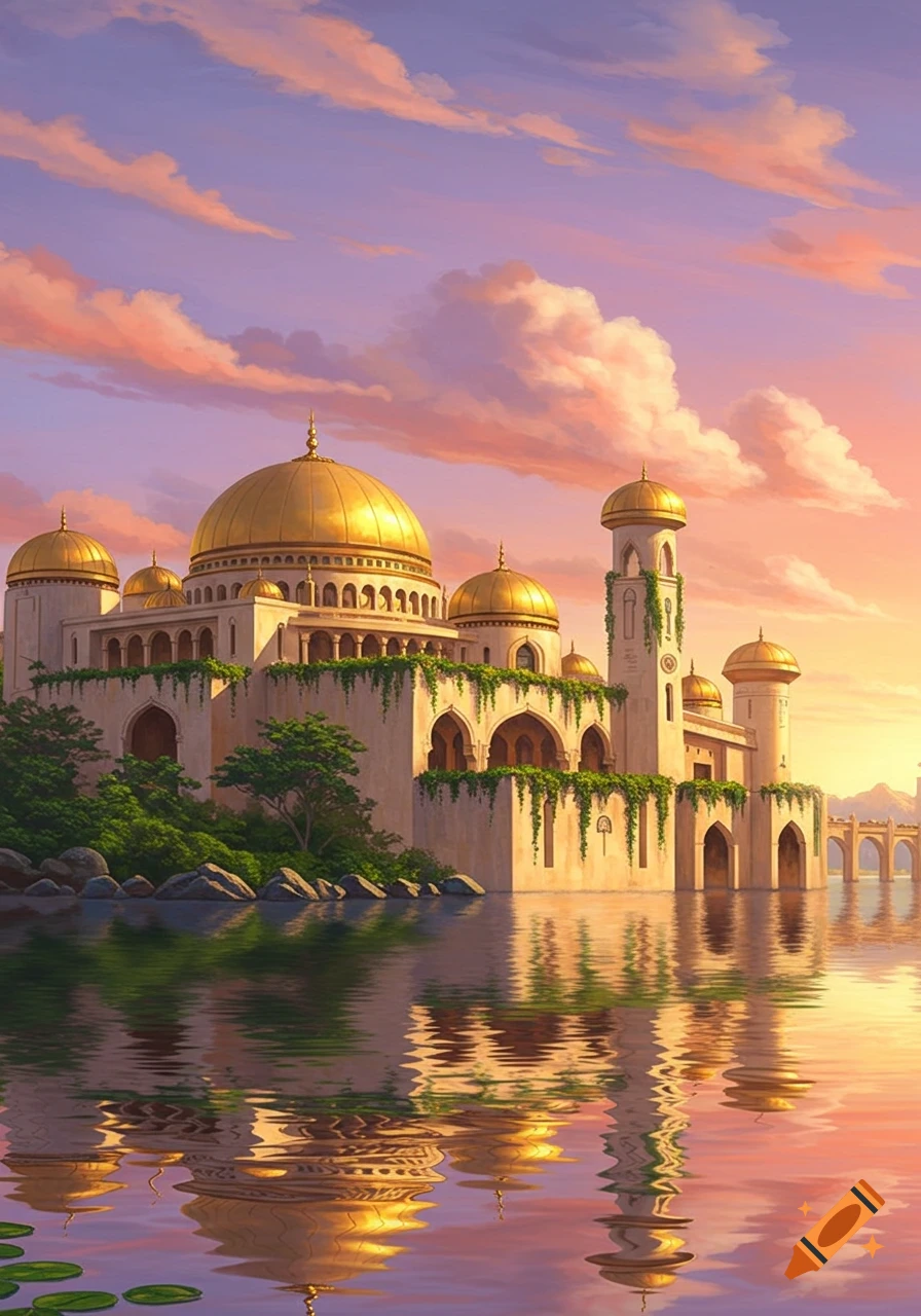 A majestic golden-domed palace with ornate architecture and green vines, reflected in calm water under a vibrant sunset sky.