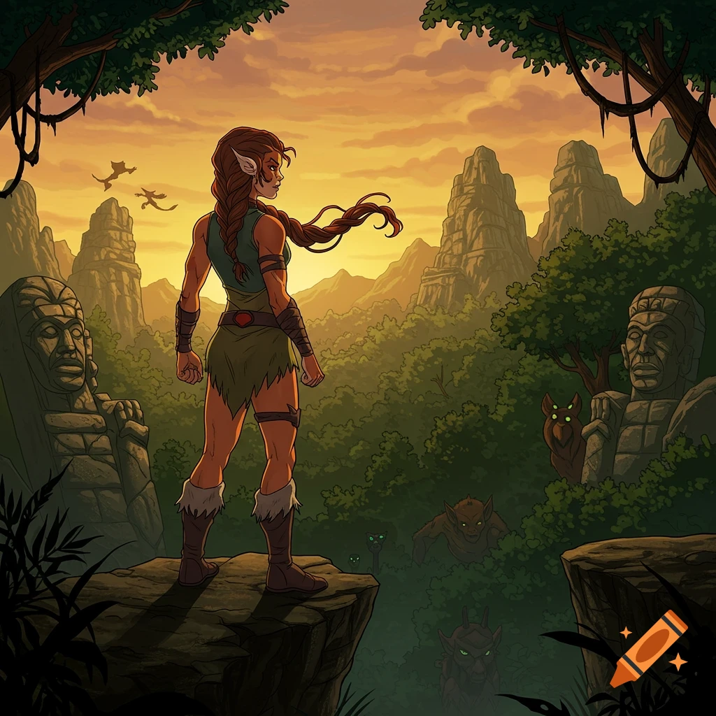 A cartoon fantasy warrior woman with braids stands on a cliff overlooking a jungle with ancient statues and creatures at sunset.